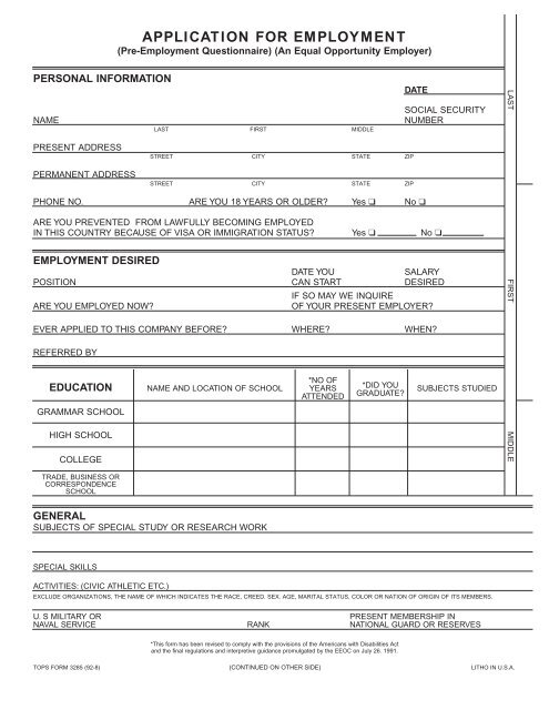 Application For Employment Pre Employment Questionnaire Printable Pdf