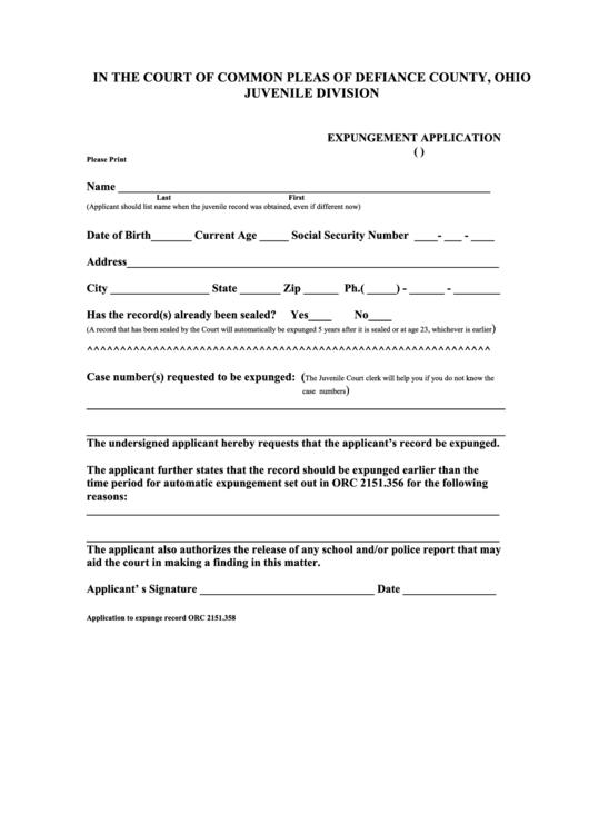 Application For Expungement Form Printable Pdf Download