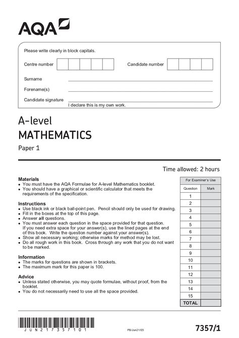 Aqa A Level Mathematics 7357 1 Paper 1 Mark Scheme And Question Paper June 2021 Version 1 0