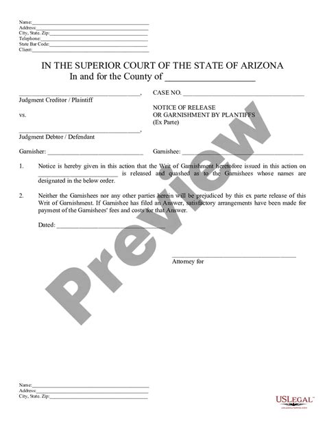 Arizona Notice Of Release Of Garnishment And Order Arizona