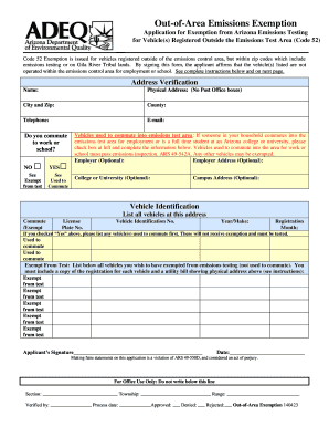 Arizona Out Of Area Emissions Exemption Application Form Fill Out