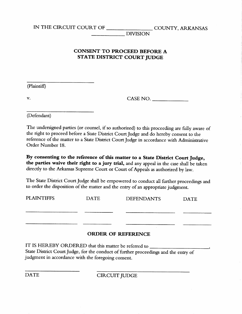 Arkansas Consent To Proceed Before A State District Court Judge Fill Out Sign Online And