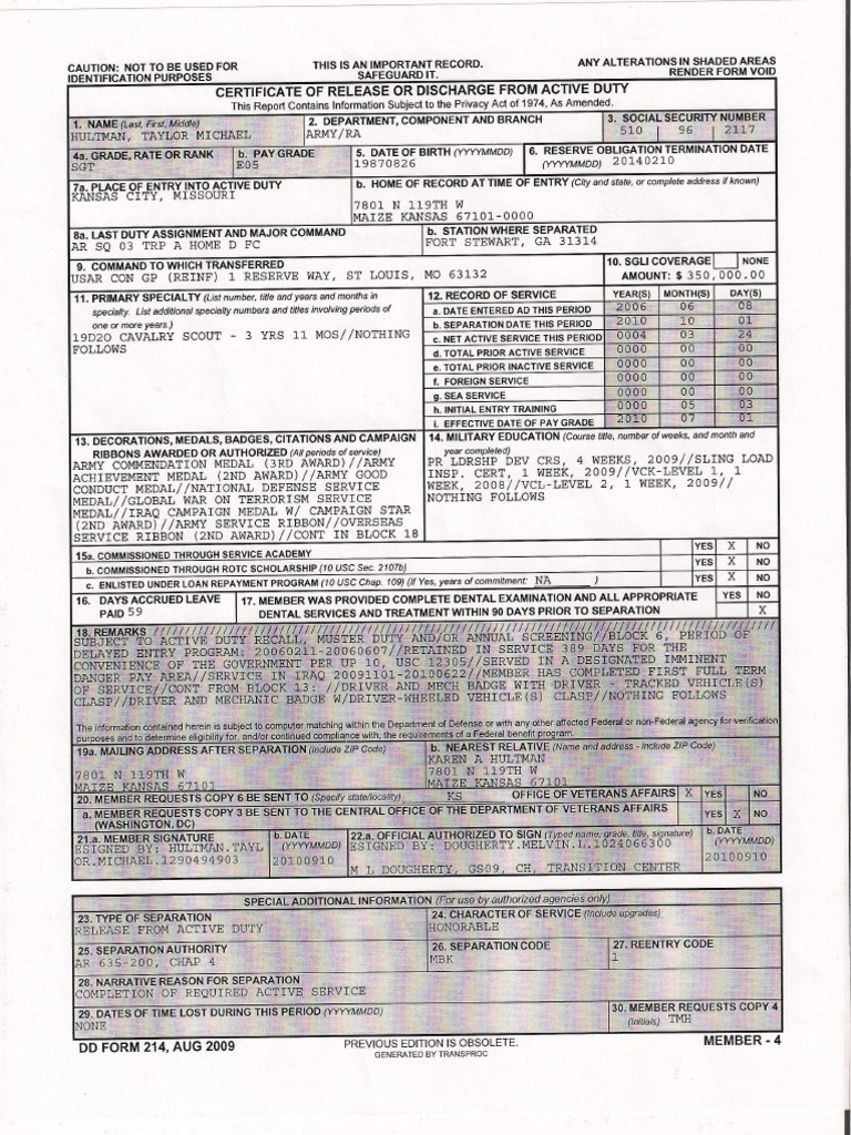 Army Dd 214 Example