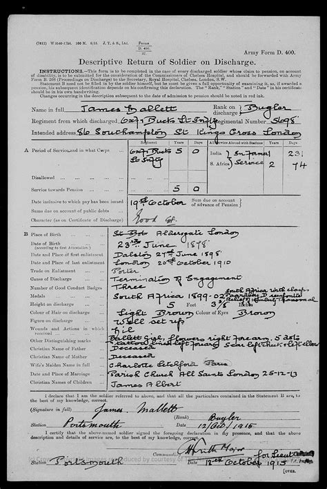 Army Forms Attestations Army Form D 400 Description On Discharge