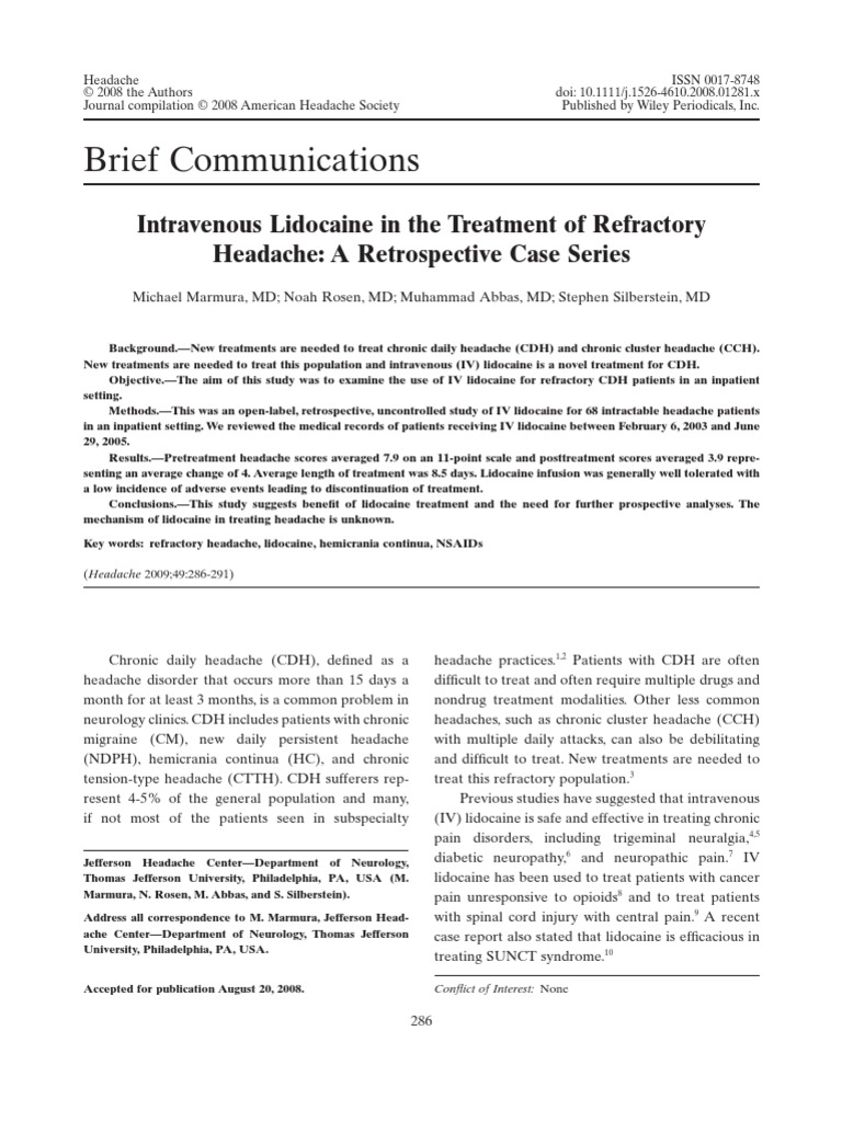 Article Lidocaine Infusions For Refractory Chronic Migraine A Retrospective Analysis R Scholar