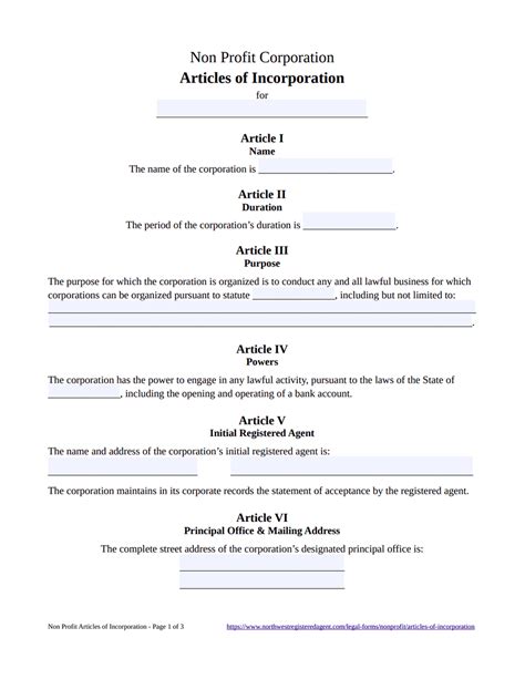 Articles Of Incorporation For A Non Profit Organisation Template In