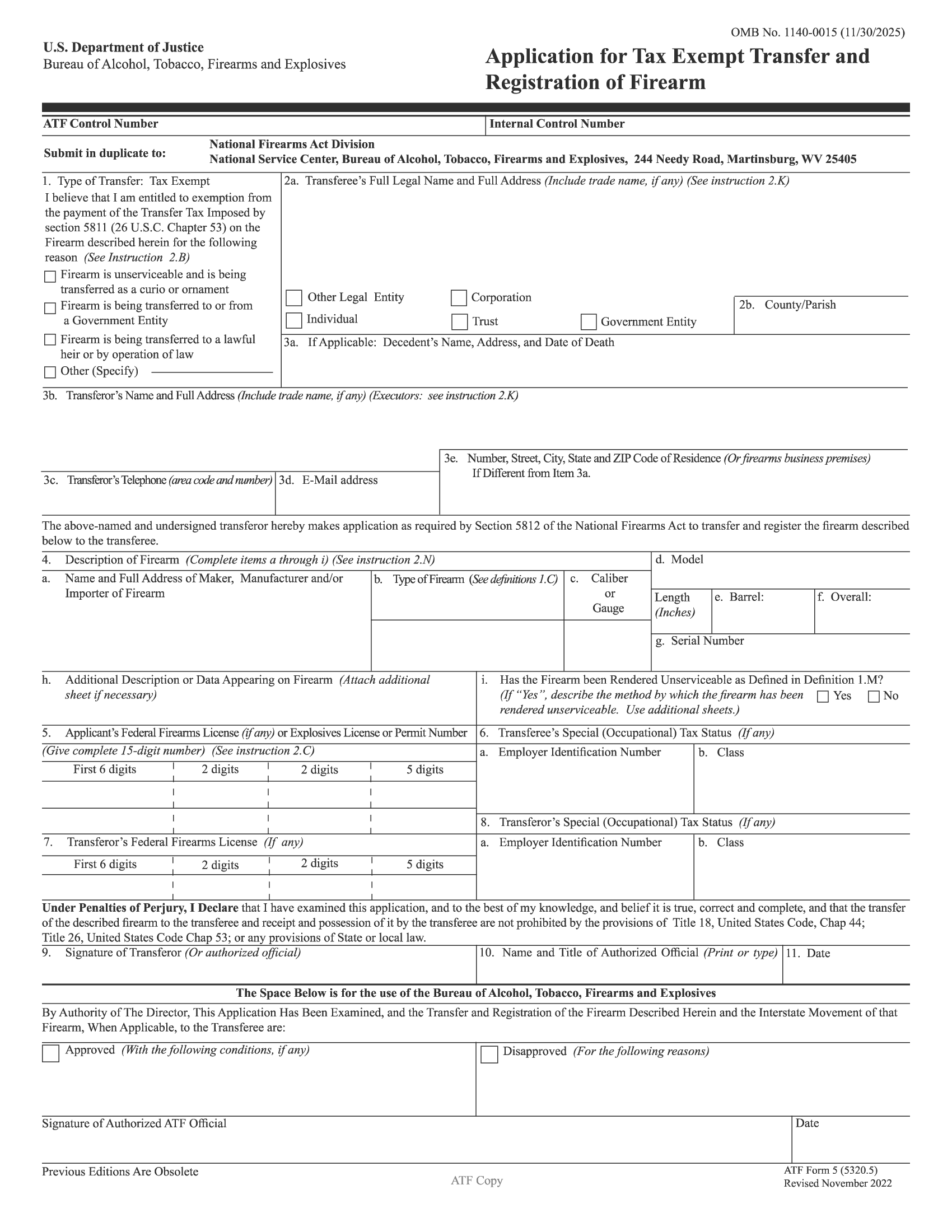 Atf Form 5 Application For Tax Exempt Transfer And Registration Of