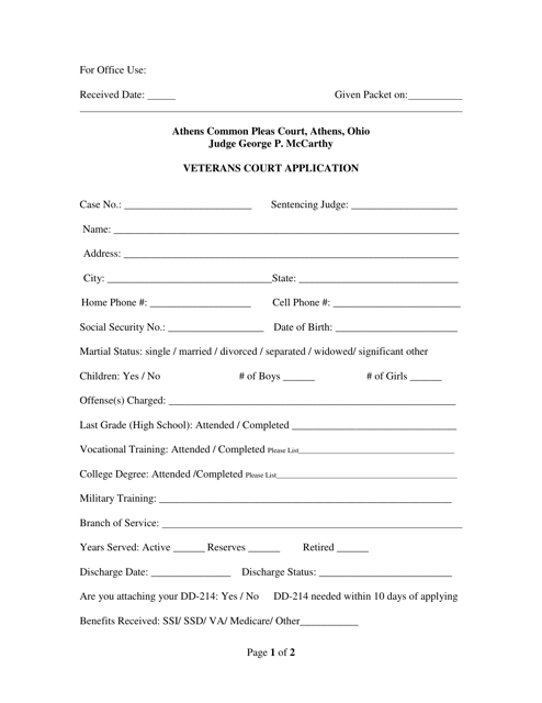 Athens County Ohio Veterans Court Application Fill Out Sign Online