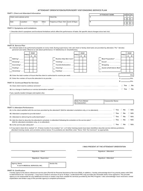 Attendant Orientation Supervisory Visit Ongoing Service Plan Fill And