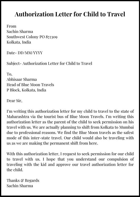 Authorization Letter For Traveling Minor Sample