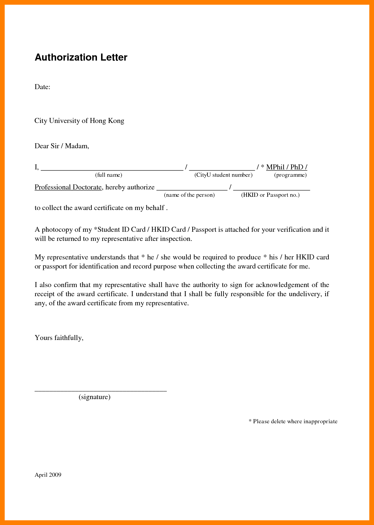 Authorization Letter To Collect Certificate Template Business Format