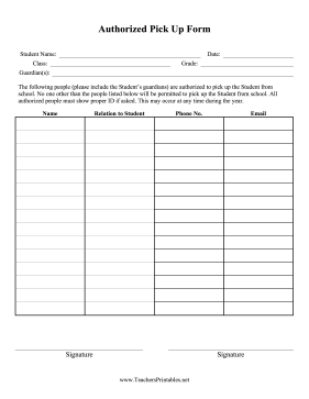 Authorized Pick Up Form2018