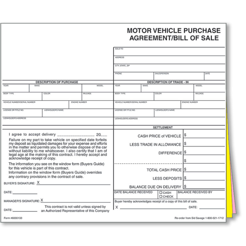 Auto Dealer Bill Of Sale Forms Style 1 Dealership Forms