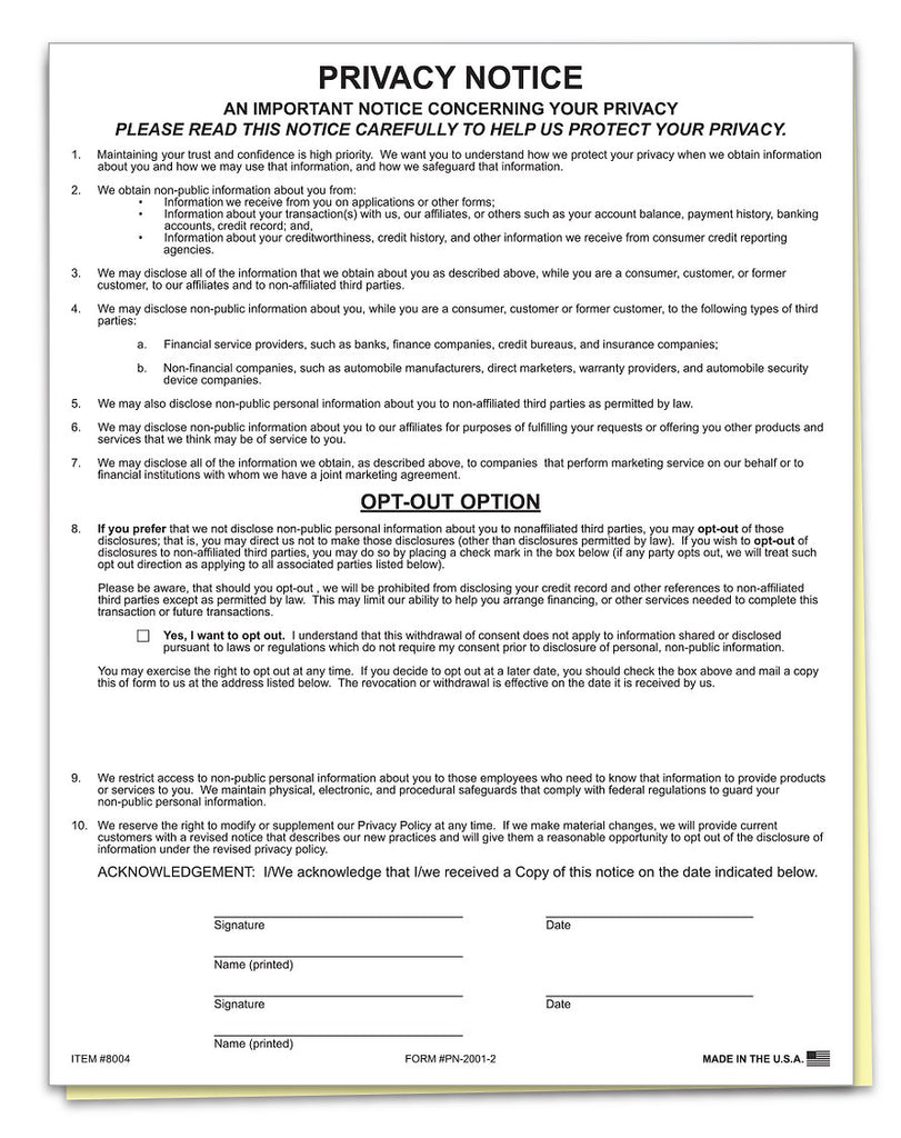 Auto Dealer Privacy Notice Form Us Auto Supplies Us Auto Supplies