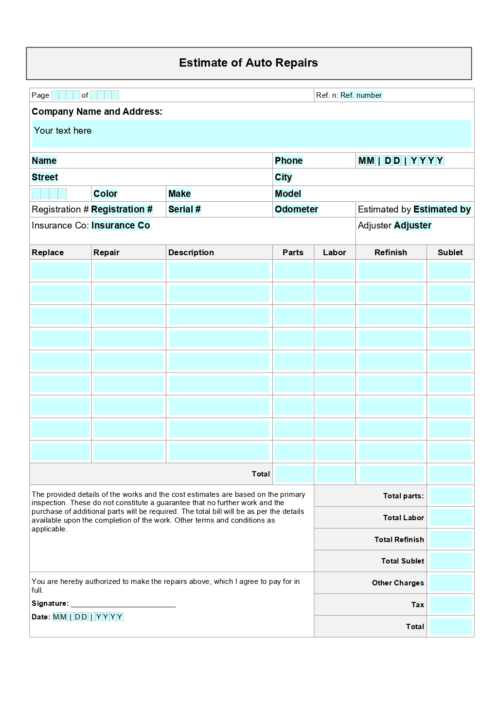 Auto Repair Service Forms