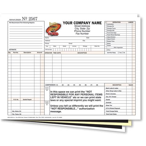 Automotive Repair Order Forms I D E A Auto Repair