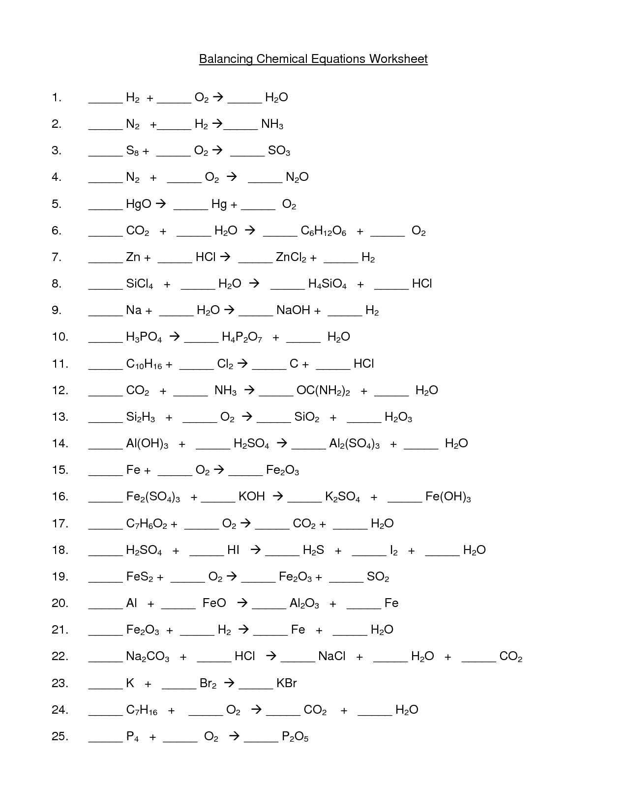 Balancing Chemical Equations Worksheets And Answers