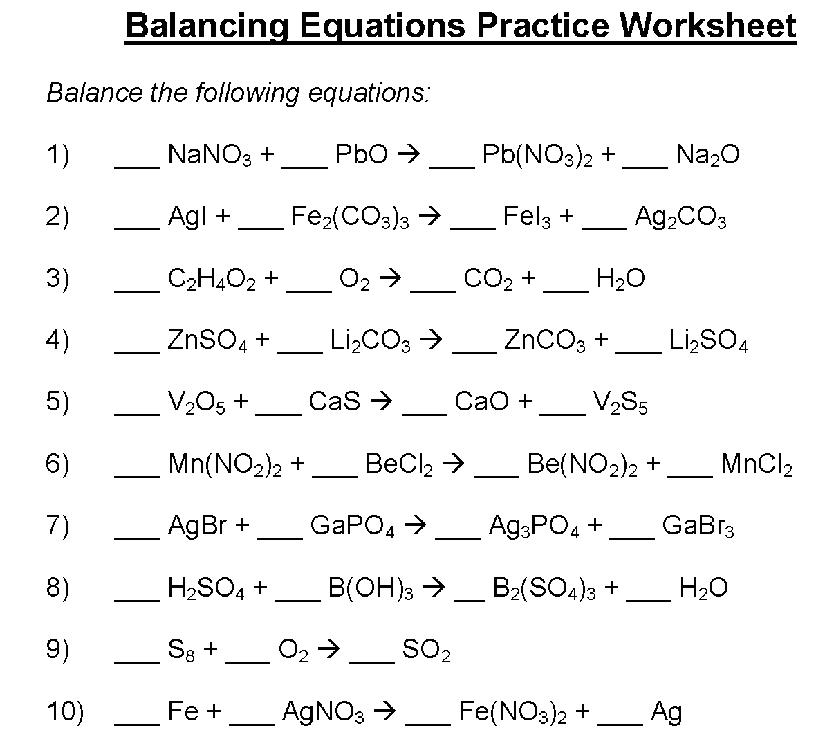 Balancing Equations Practice Worksheet Printable Pdf Download