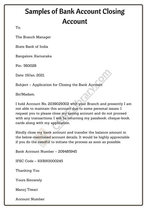 Bank Account Close Application Letters In English