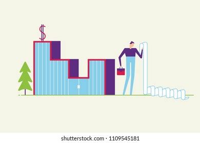 Bank And Paperwork Vector Illustration Male Business Man Looking At The List Of Taxes Or Bank