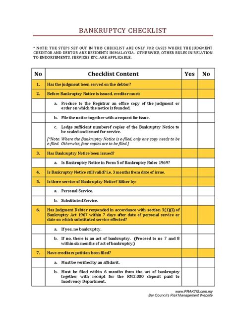 Bankruptcy Checklist Bankruptcy Judgment Law