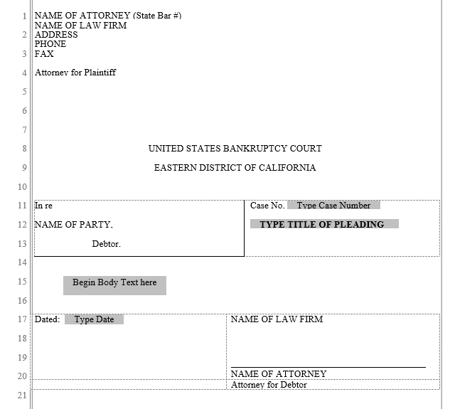 Bankruptcy Pleading Eastern District Of California Word Automation