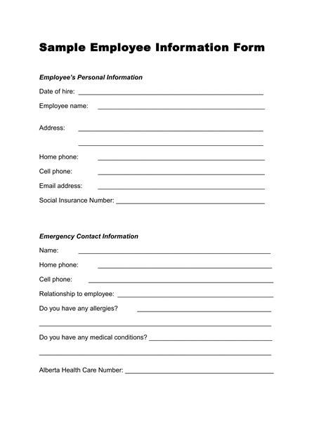 Basic Template Printable Employee Information Form