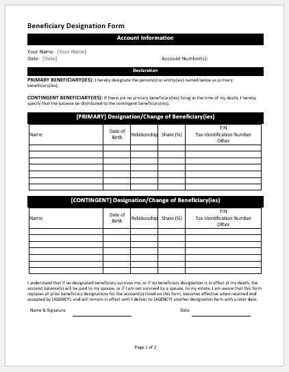 Beneficiary Designation Form Templates Download Samples