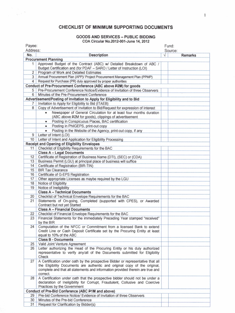 Bidding Required Document Checklist Pdf Check List Of The Required