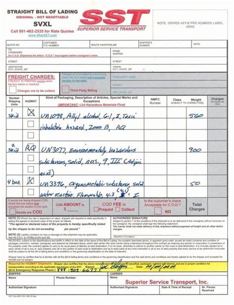 Bill Of Lading Sample Unique Schedule A Sst Pickup Paper Template Shipping Paper Templates