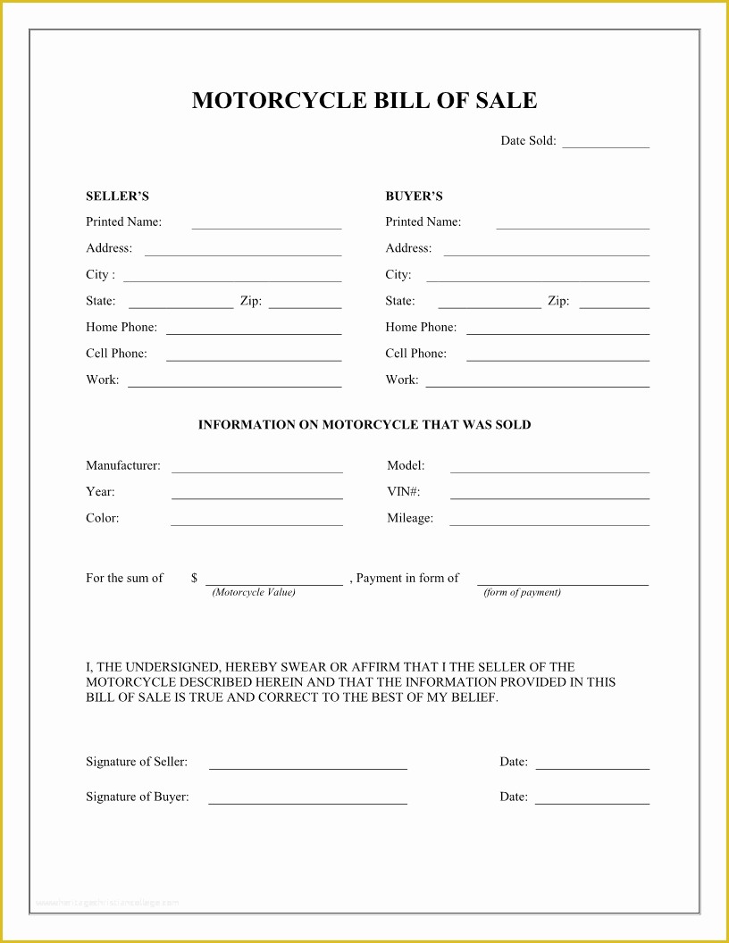 Bill Of Sale For Motorcycle Free Printable Documents