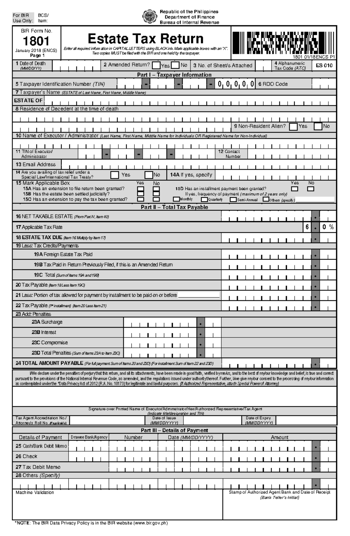 Bir Form 1801 Estate Tax Return 2018 Version For Bir Use Only Bcs Item Bir Form No 1801