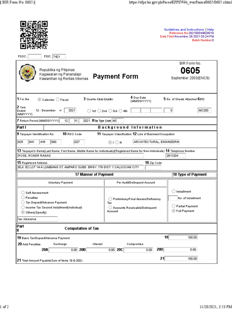 Bir Form No 0605 Payment Form Printable Pdf Download