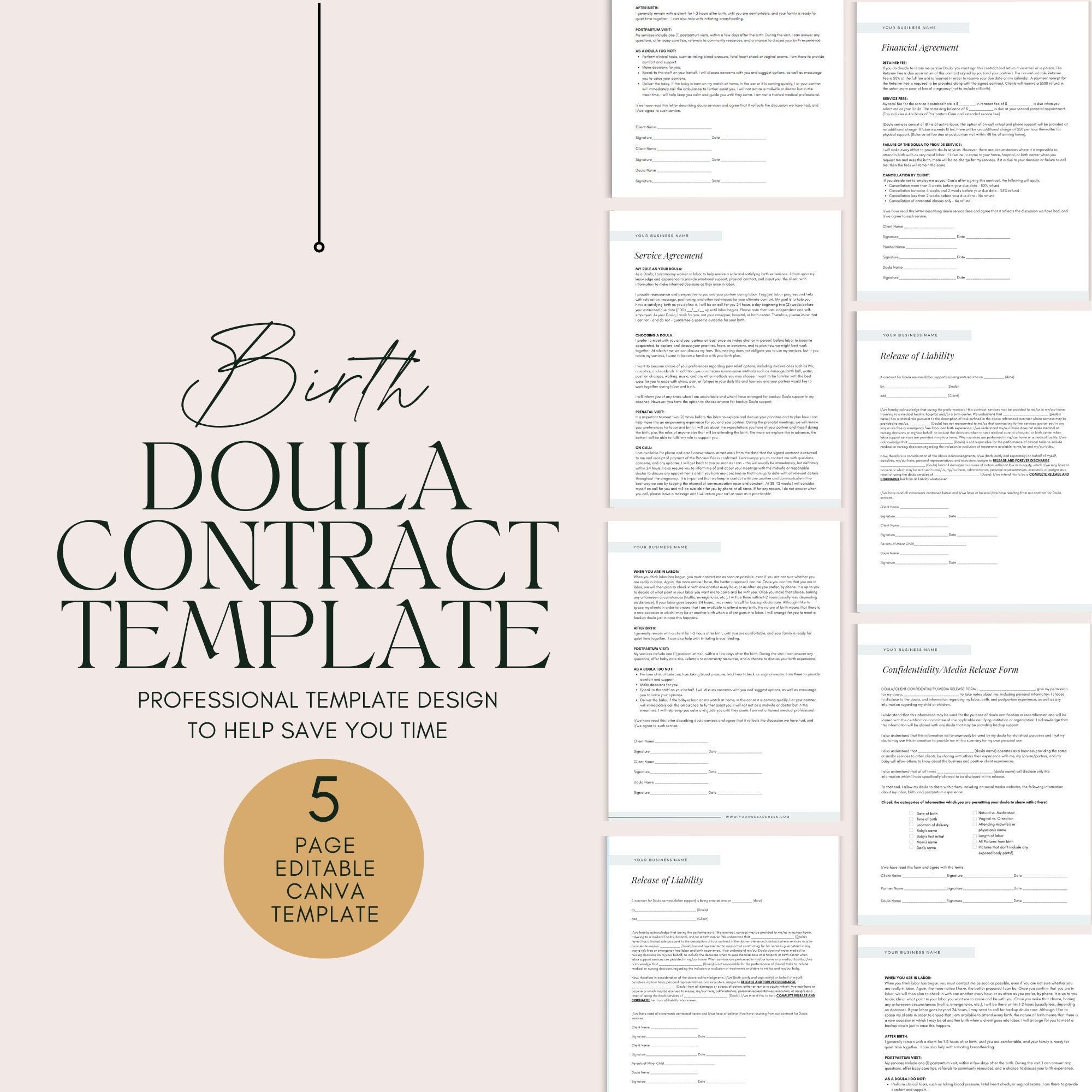 Birth Doula Editable Paperwork Bundle Template Doula Contract Doula