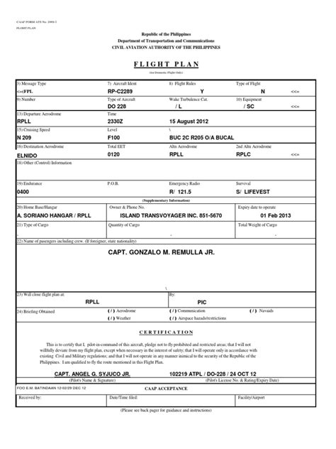 Blank Flight Plan Form Aerodrome Airport