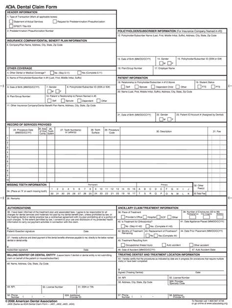 Blank Printable Ada Dental Claim Form