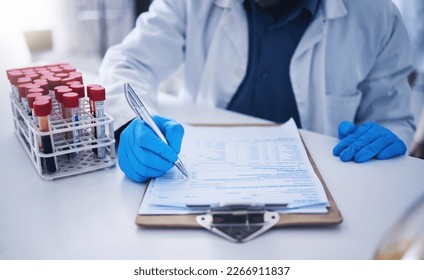 Blood Test Science Documents And Hands In Laboratory For Healthcare