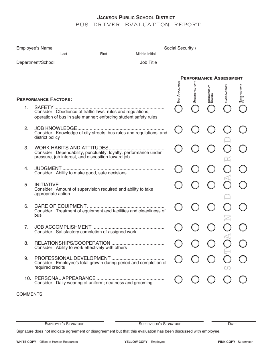 Bus Driver Evaluation Report Form Jackson Public School District