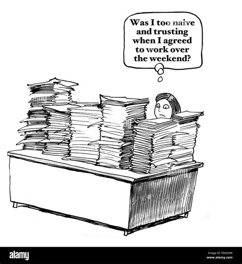 Business Cartoon Showing A Desk Overflowing With Paperwork And A Businesswoman Wondering If She