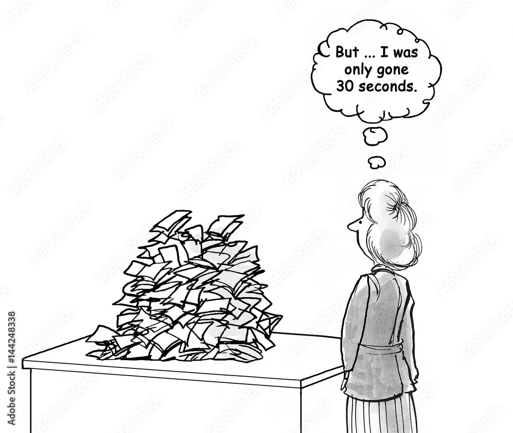 Business Cartoon Showing Piles Of Paper On A Business Woman Amp 39 S Desk Even Though She Was Only Gone