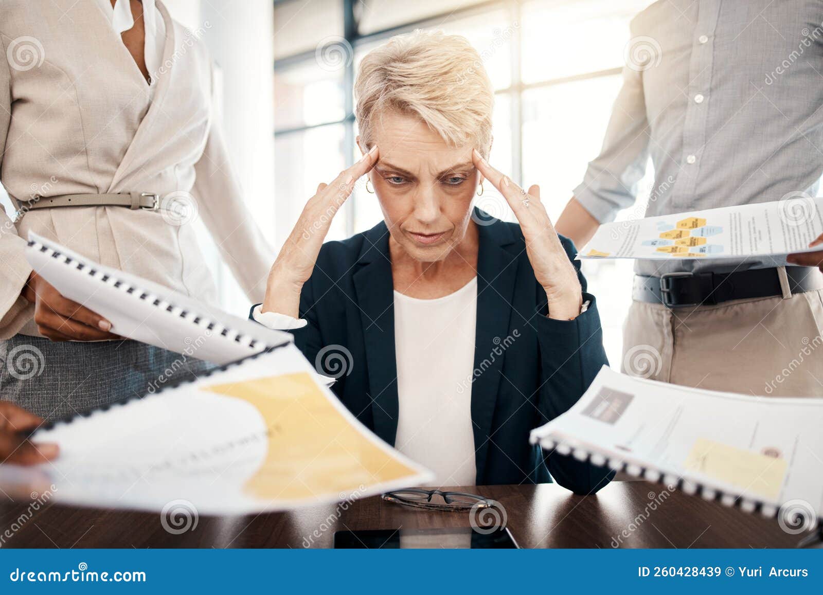 Business Woman Stress Burnout And Documents With Staff Question Management And Frustrated