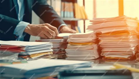 Businessman Hands Searching Unfinished Documents Stacks Of Paper Files