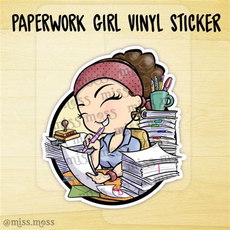 Busy Paperwork Girl Large Vinyl Sticker Miss Moss Gifts