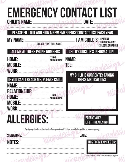 Buy Emergency Contact Info In Case Of Emergency Printable Babysitter