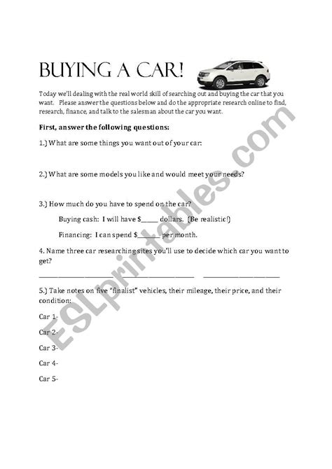 Buying A Car Worksheet Pdf