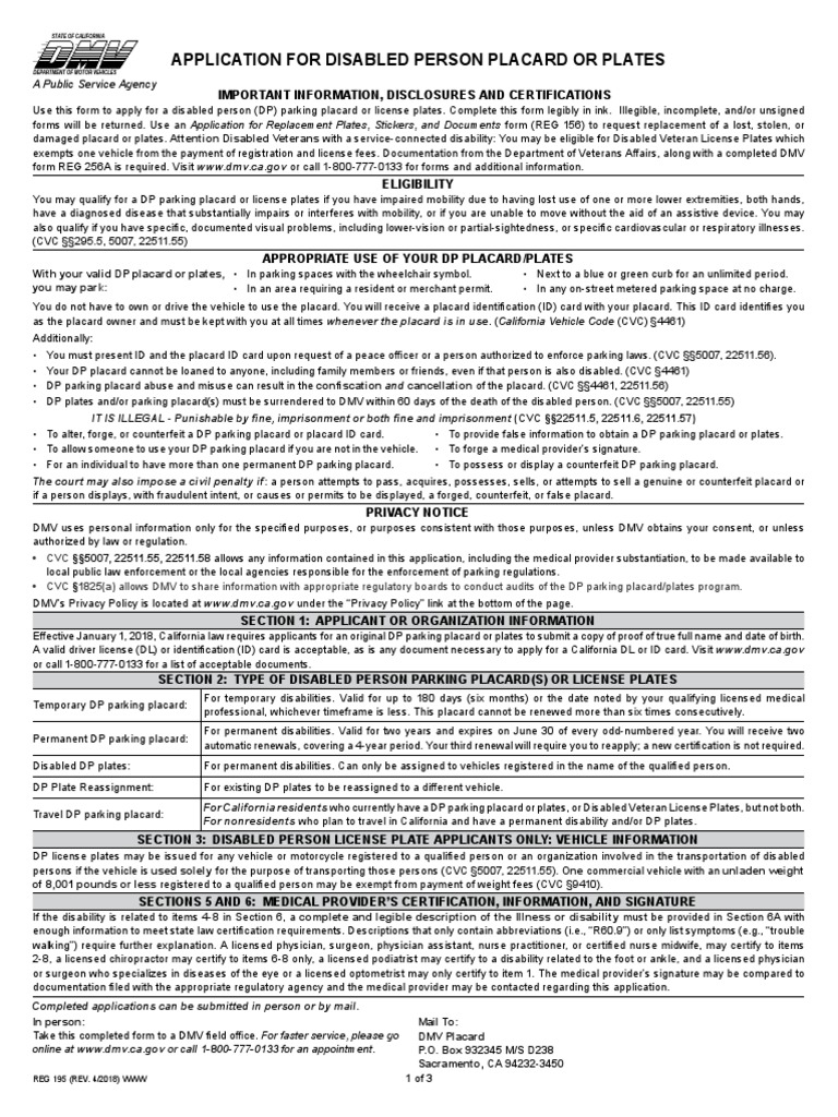 Ca Dmv Form Reg 195 A Application For Permanent Disabled Person Dp