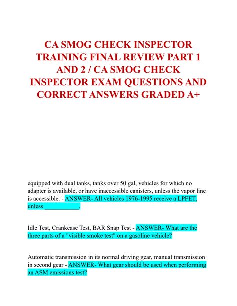 Ca Smog Check Inspector Training Final Review Part 1 Latest 2023 With