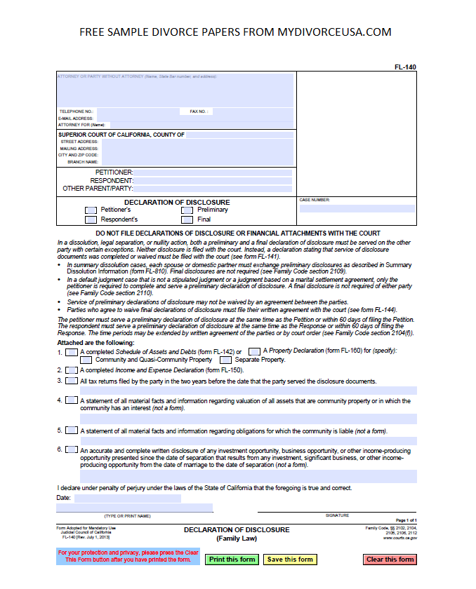 California Divorce Forms Free Templates In Pdf Word Excel To Print