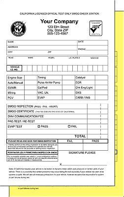 California Smog Test Inspection Form Receipts Custom Printed 2