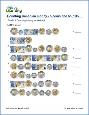 Canadian Money Worksheet Coins And 5 Bills K5 Learning